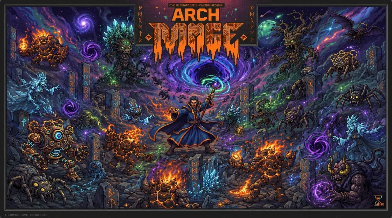 Cover art of a hooded archmage wielding a flaming staff atop jagged volcanic rocks, stormy purple sky crackling with lightning
