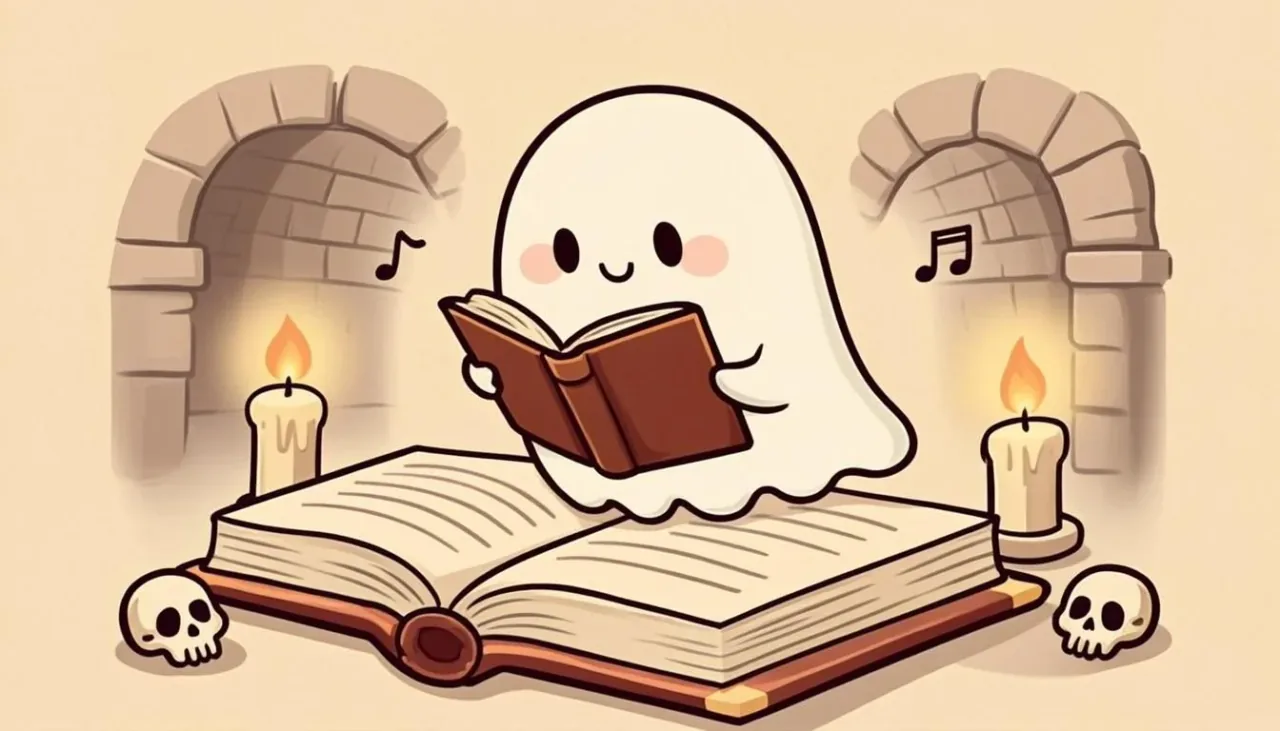Illustration of an open ancient book glowing by candlelight with a small friendly ghost reading it, stone dungeon arches, floating infinity symbols and musical notes