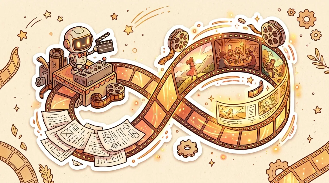 Illustration of an infinity-loop film reel track where manuscript pages transform into luminous cinematic scenes, directed by a cute robot with a clapperboard